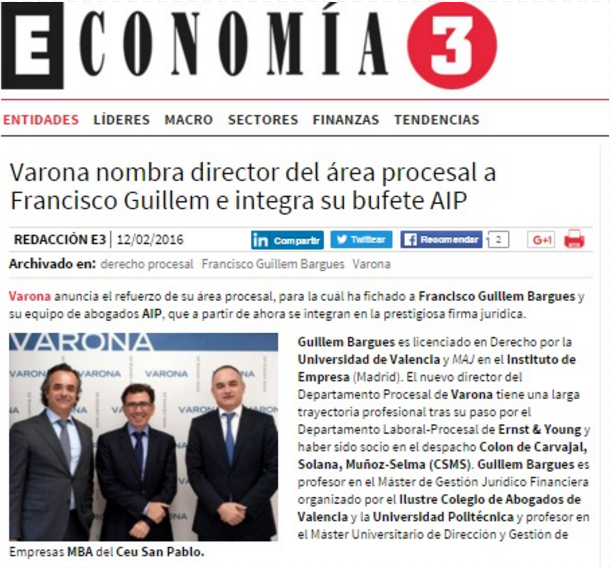 El fichaje de FRANCISCO GUILLEM para el área procesal VARONA es noticia en ECONOMÍA3