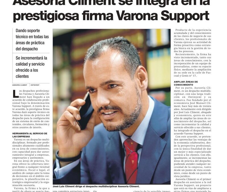 ASESORÍA CLIMENT SE INTEGRA EN VARONA SUPPORT