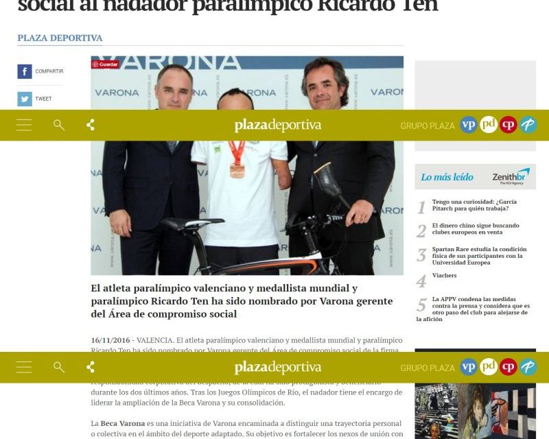REVISTA DE PRENSA: VALENCIA PLAZA RECOGE EL NOMBRAMIENTO DE RICARDO TEN COMO GERENTE DEL ÁREA DE COMPROMISO DE VARONA
